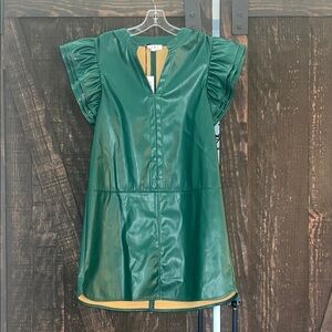 Flutter Sleeve Leather Dress - Green